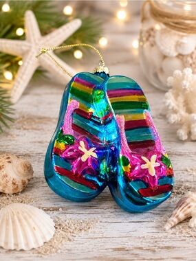 Blown Glass Flip Flop Ornament Tropical Beach Floral Christmas Decor 4”